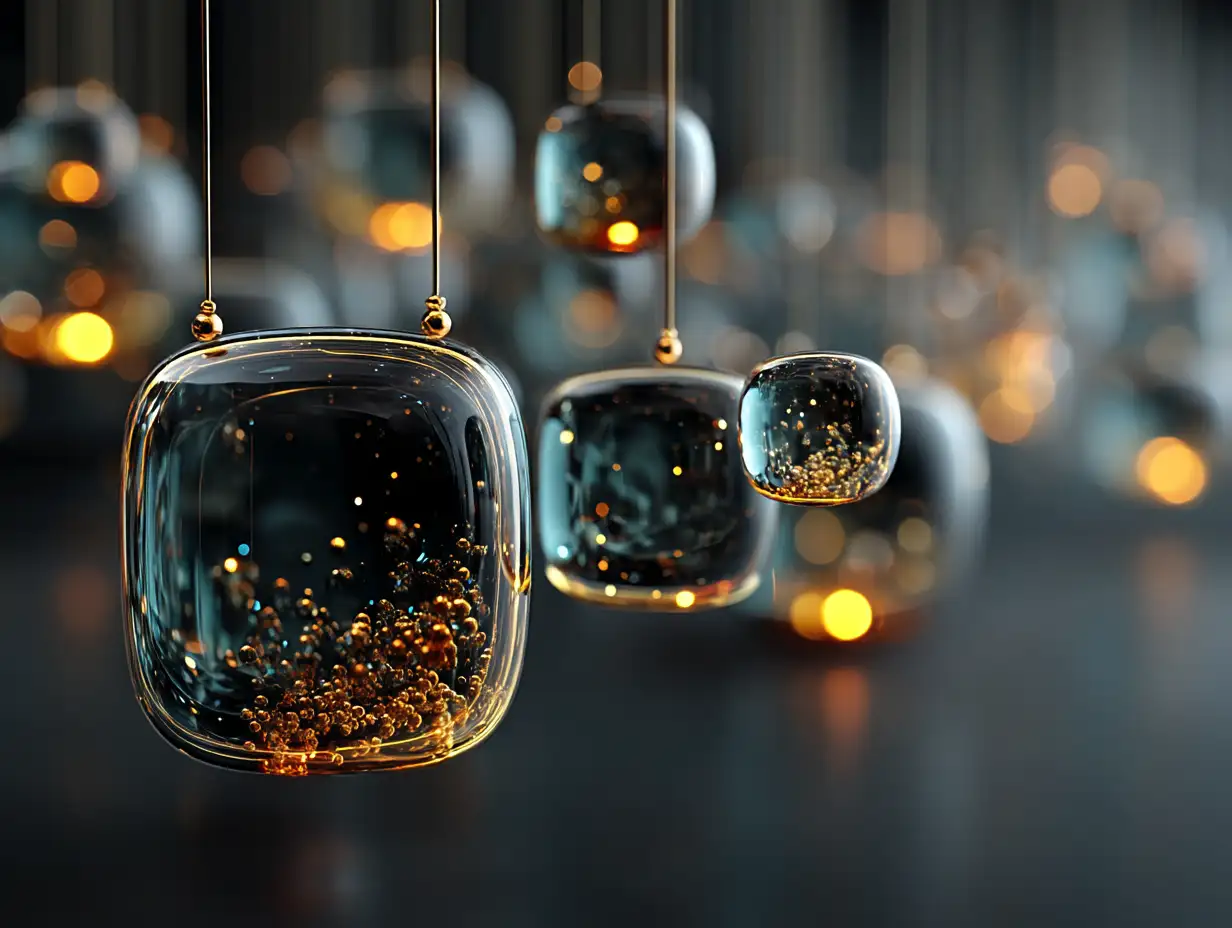 floating transparent glass spheres and rectangles, glossy reflections, dark gradient background, futuristic 3D render, high-end design wallpaper