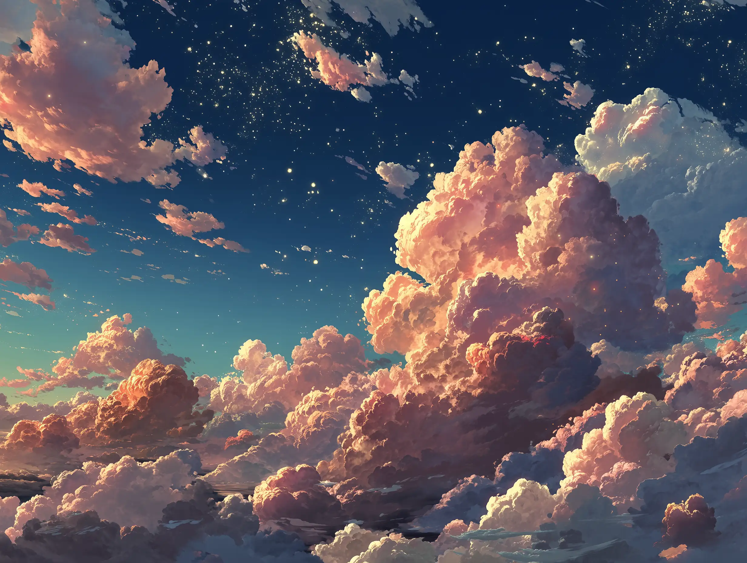 A dreamy anime-style sky filled with fluffy clouds, warm sunlight, floating sparkles, gentle painterly texture, soft pastel palette