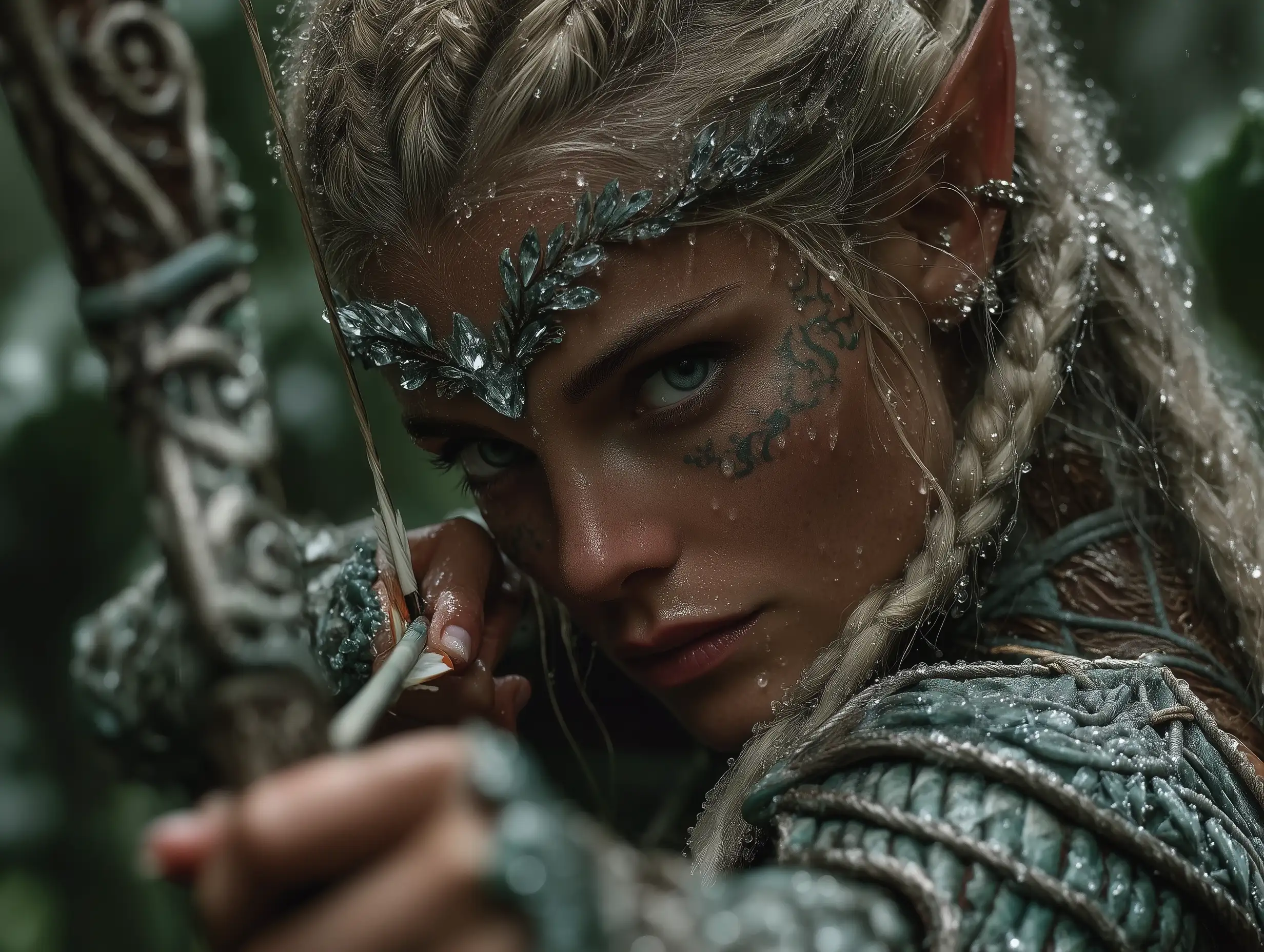 Elegant female elf with emerald eyes and silver armor, holding a crystal bow, standing amid misty enchanted forest light, cinematic realism, ethereal glow