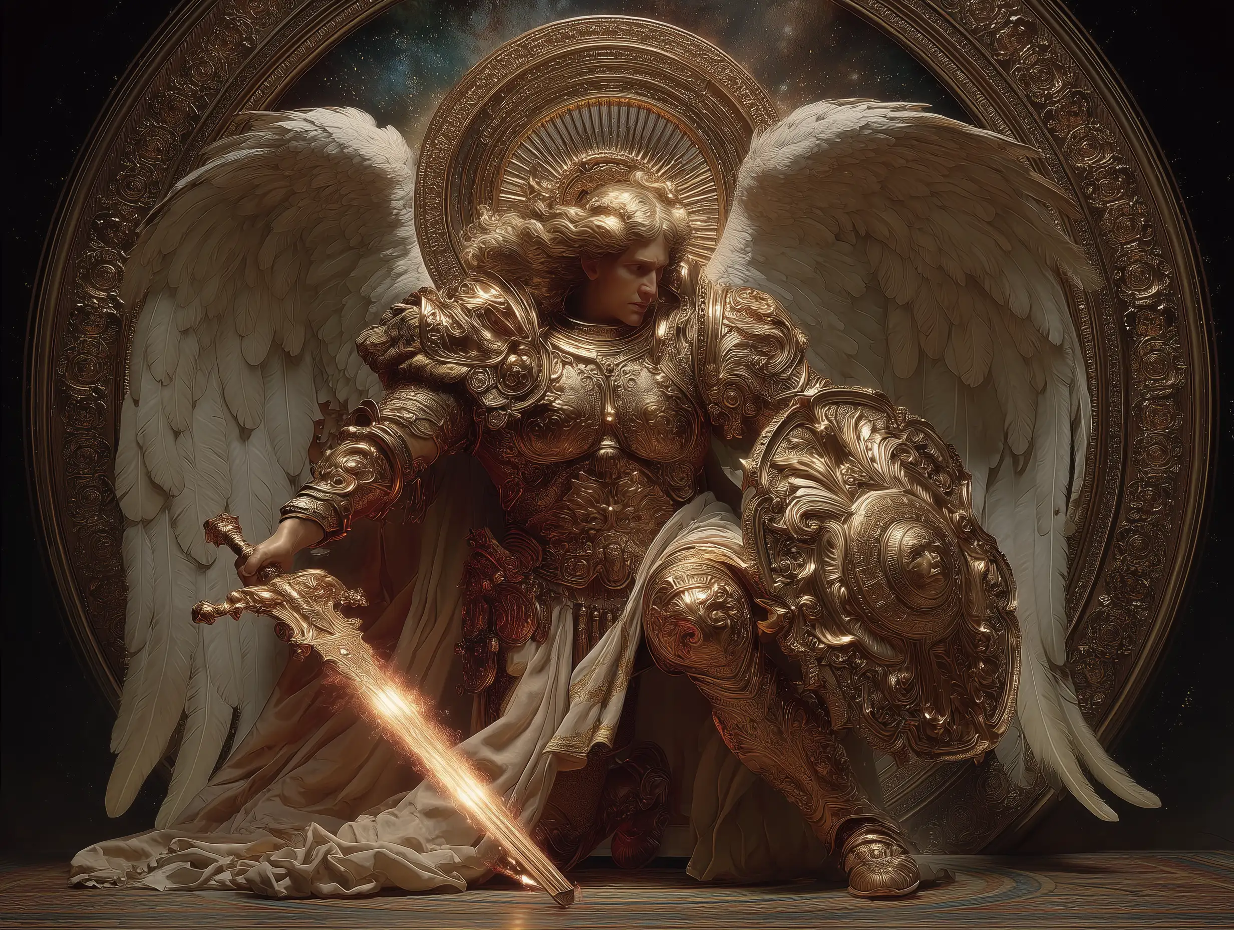 Golden-armored warrior with angelic wings, radiant sword blazing with divine fire, cosmic light behind, majestic aura 