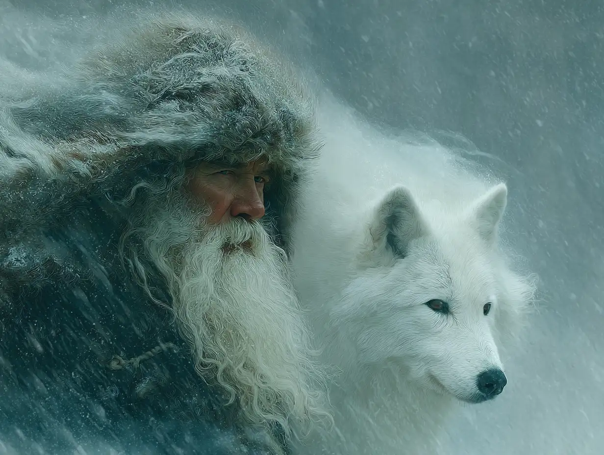 Viking-style warrior cloaked in fur, standing beside a spectral wolf, snowstorm swirling around them, icy fantasy realism