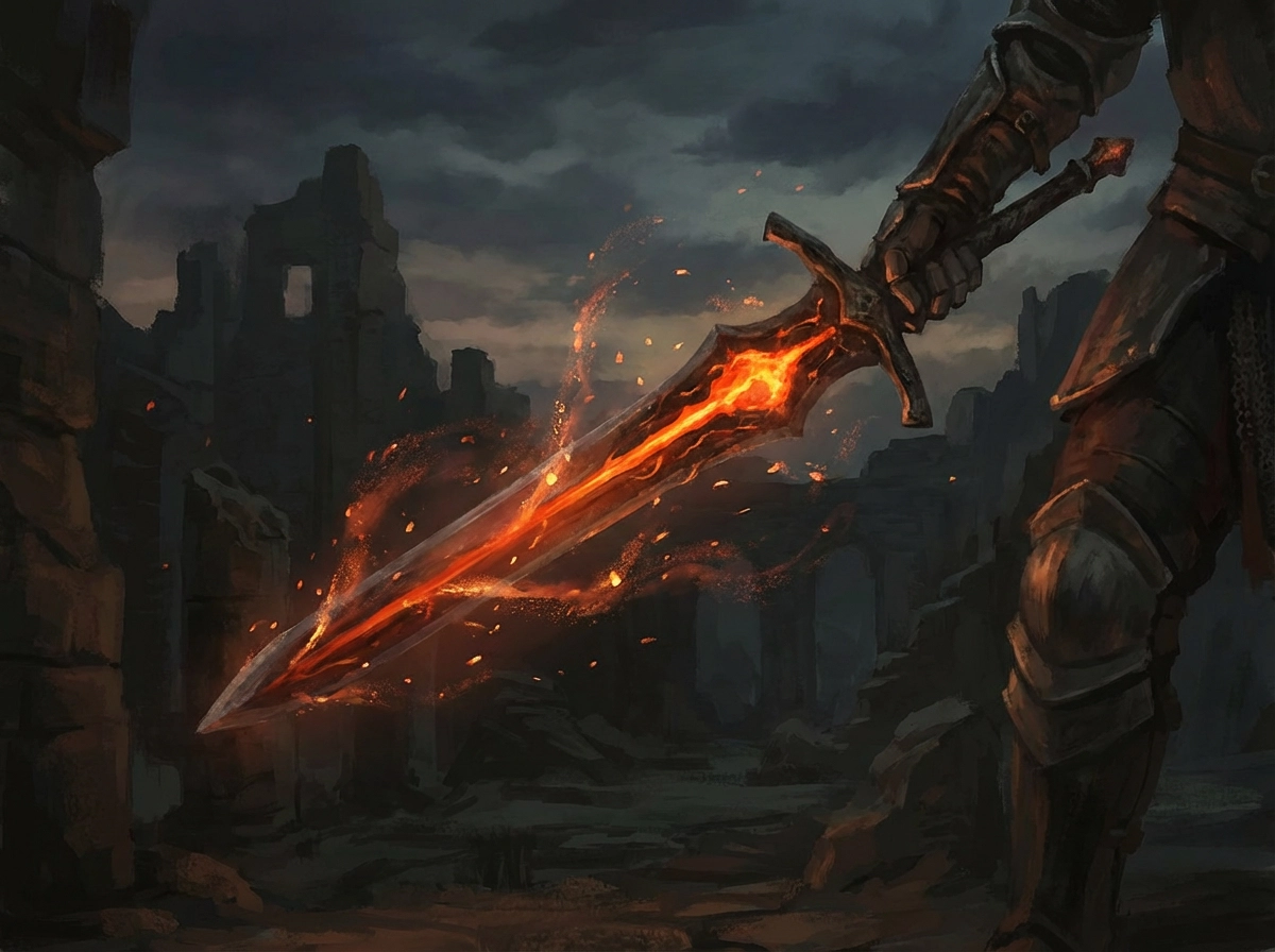 Legendary fire sword, molten blade core, flaming particles, dark fantasy background, cinematic concept art