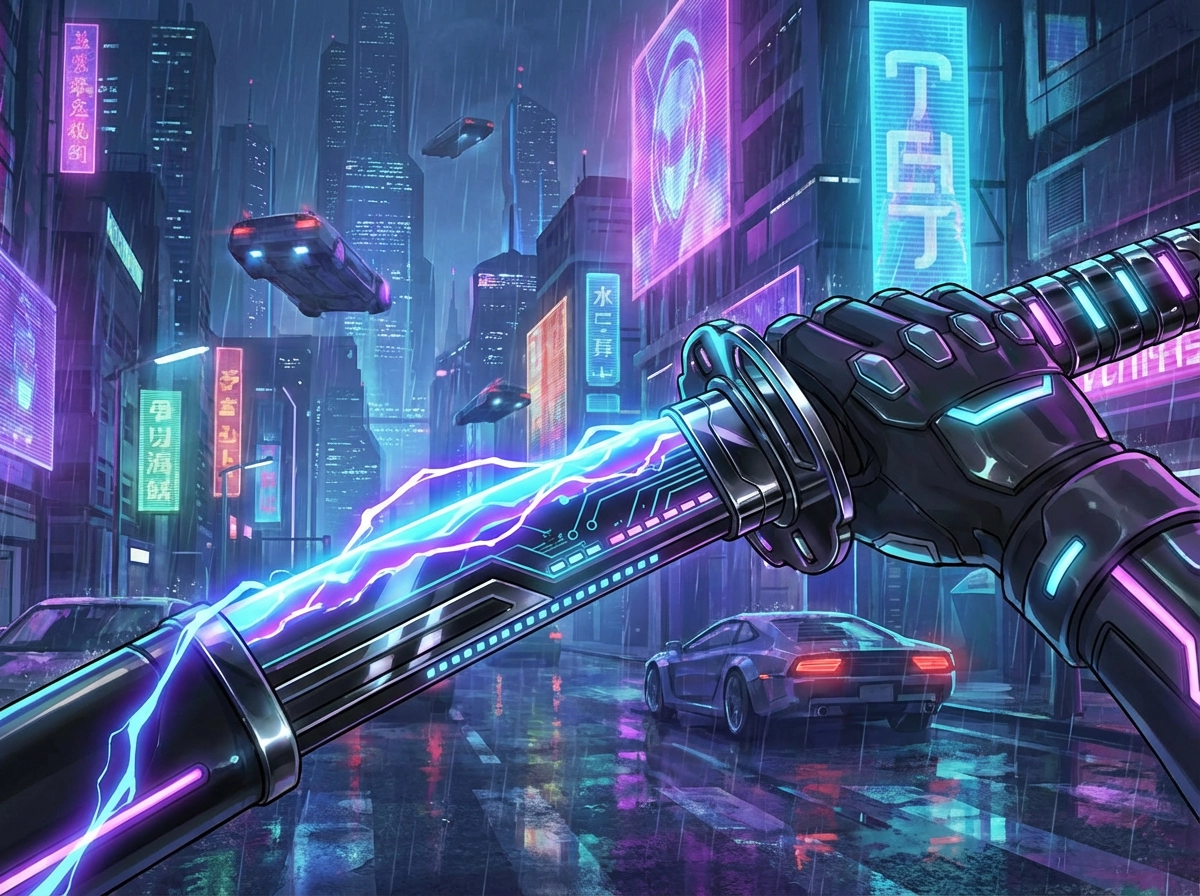 Cyberpunk katana, neon edge glow, black chrome handle, futuristic city background, anime sci‑fi illustration