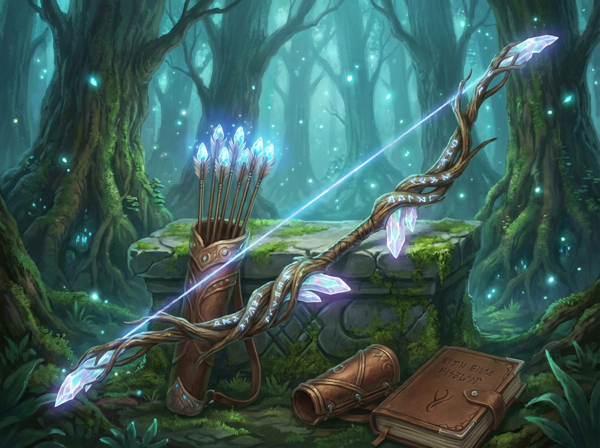 Mythic bow weapon, glowing crystal arrows, elven design, forest magic atmosphere, high fantasy illustration