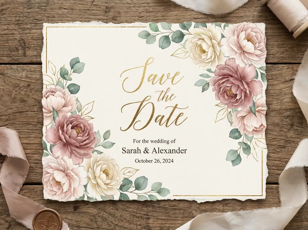 Elegant floral wedding invitation, "Save the Date" text, watercolor peonies and eucalyptus, gold foil accents, sophisticated calligraphy script, soft pastel color palette.