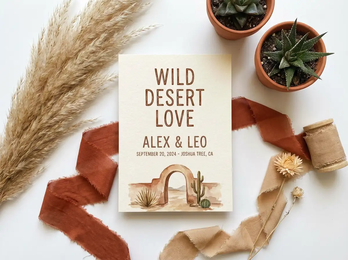 Boho-chic desert  wedding invitation, pampas grass and succulents, warm terracotta tones, rustic typography, clean white background, aesthetic layout.