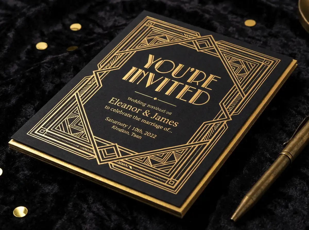 Luxury black and gold wedding invitation, "You're Invited," art deco style, sophisticated borders, high-contrast, elegant serif font, premium feel.