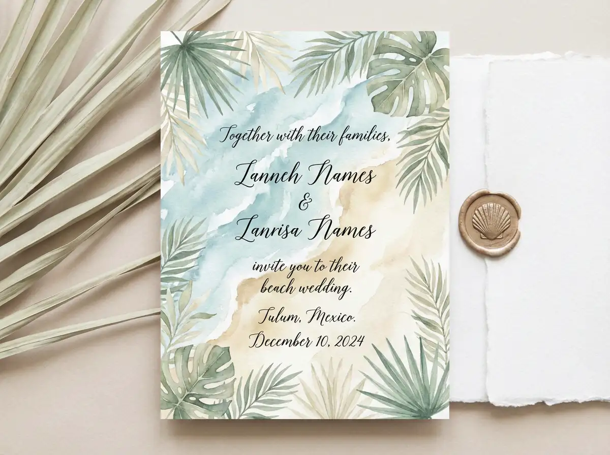 Destination beach  wedding invitation, sea foam blue and sandy neutrals, watercolor ocean waves, tropical palm leaf accents, serene and airy aesthetic. [Image]