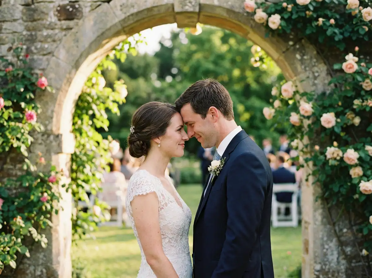 A romantic wedding photo of a bride and groom standing close together, soft natural light, elegant wedding attire, gentle smiles, shallow depth of field, professional wedding photography, realistic skin tones