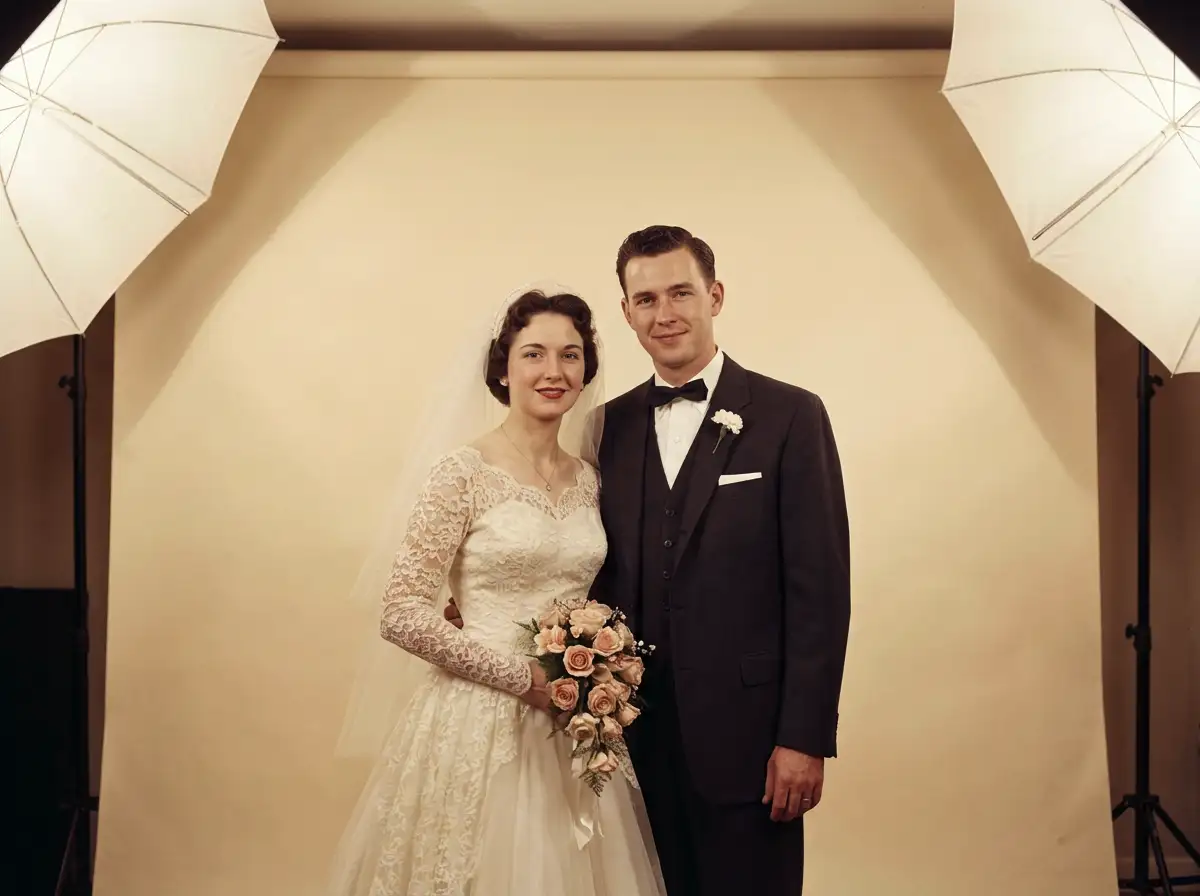 Classic wedding studio portrait of a couple, clean background, soft diffused lighting, formal wedding dress and suit, timeless photography style, high detail