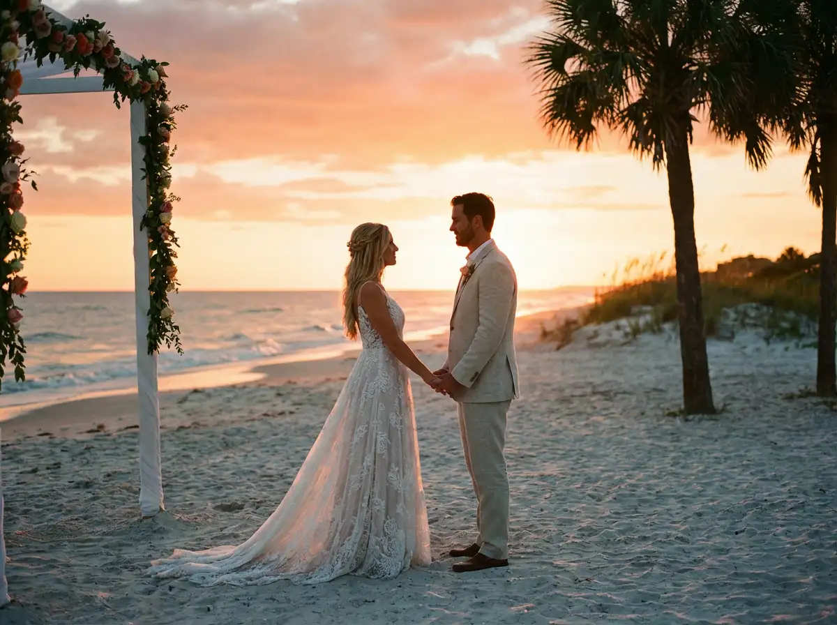 Beach wedding photo at sunset, bride and groom holding hands, ocean background, warm colors, cinematic composition, romantic wedding photography