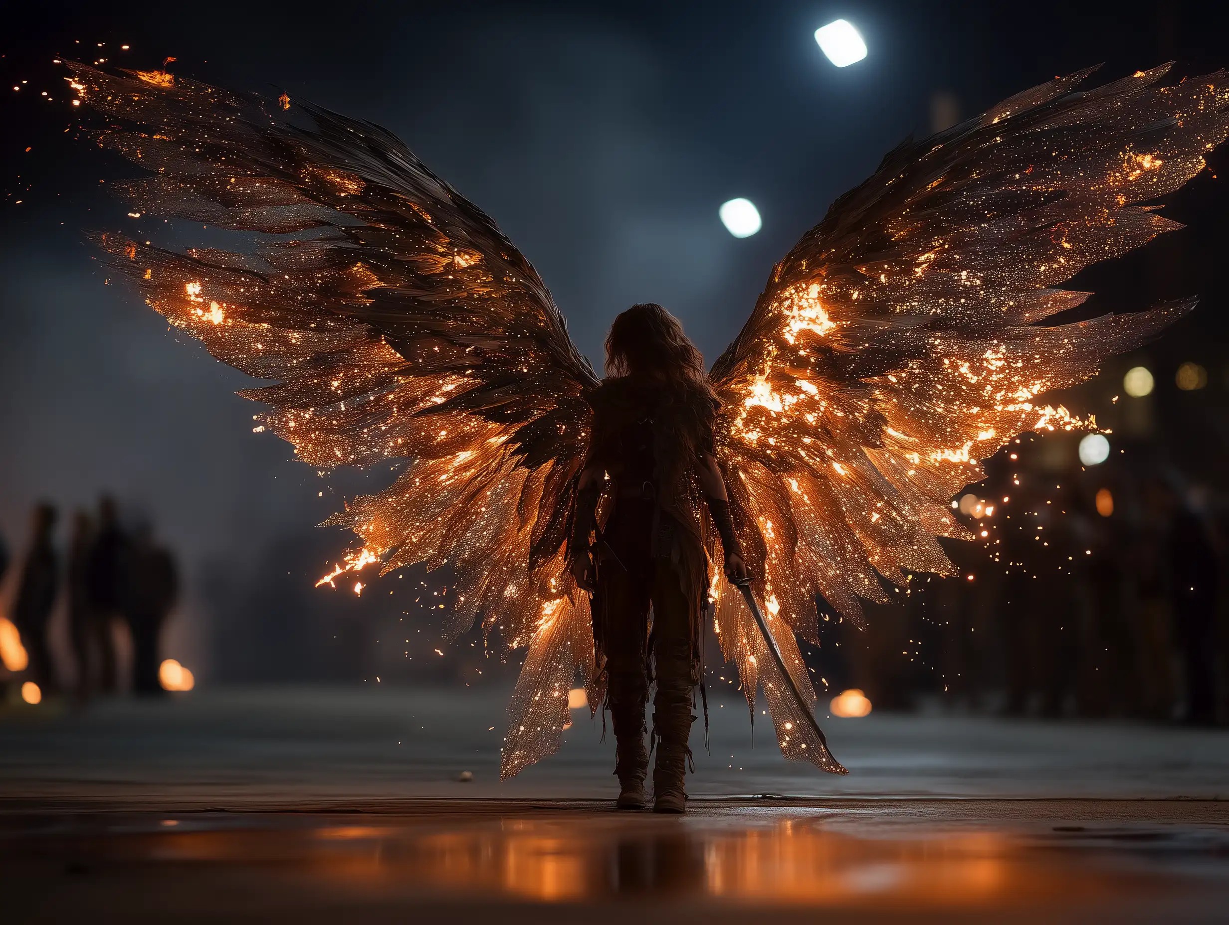 Cinematic realistic scene of a fictional warrior with massive glowing fire wings unfolding behind them, blazing embers, golden-orange flames, dramatic rim light, dark smoky background, high contrast