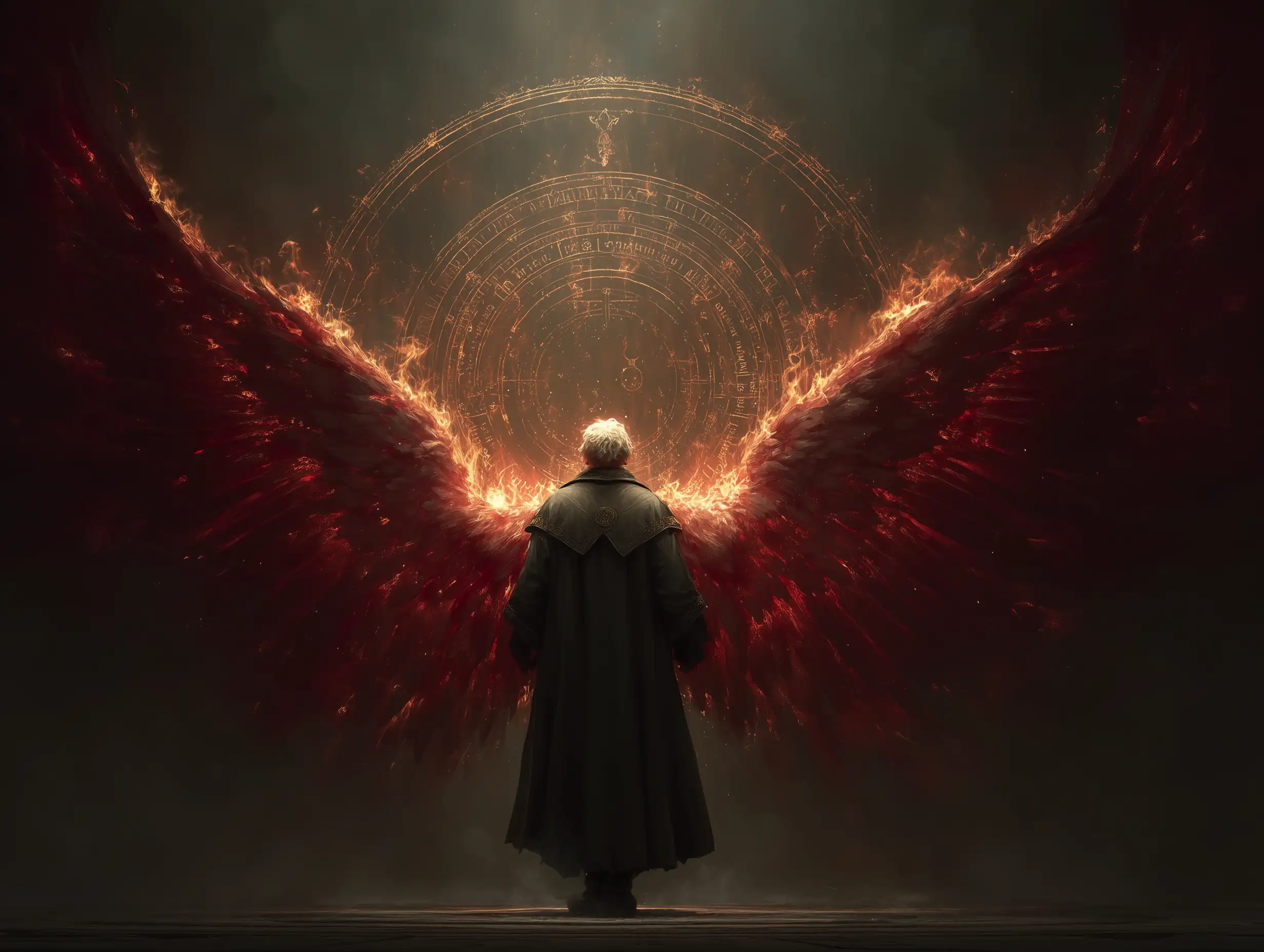 Dark fantasy mage with flaming angelic wings behind them, deep shadows, gold-red highlight contrast, magical runes glowing, intense dramatic atmosphere