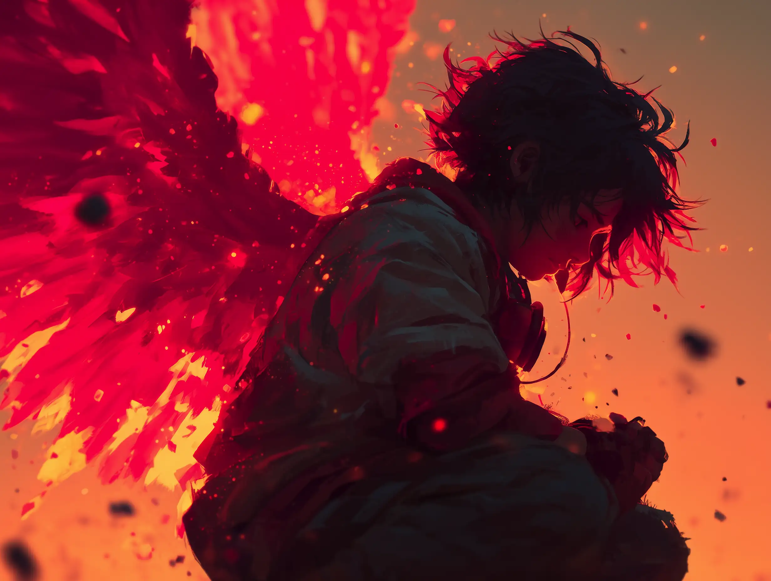 Anime-style character with bright fiery wings spreading wide, saturated colors, glowing particles, sharp dynamic lines, dramatic sky backdrop, heroic fantasy mood