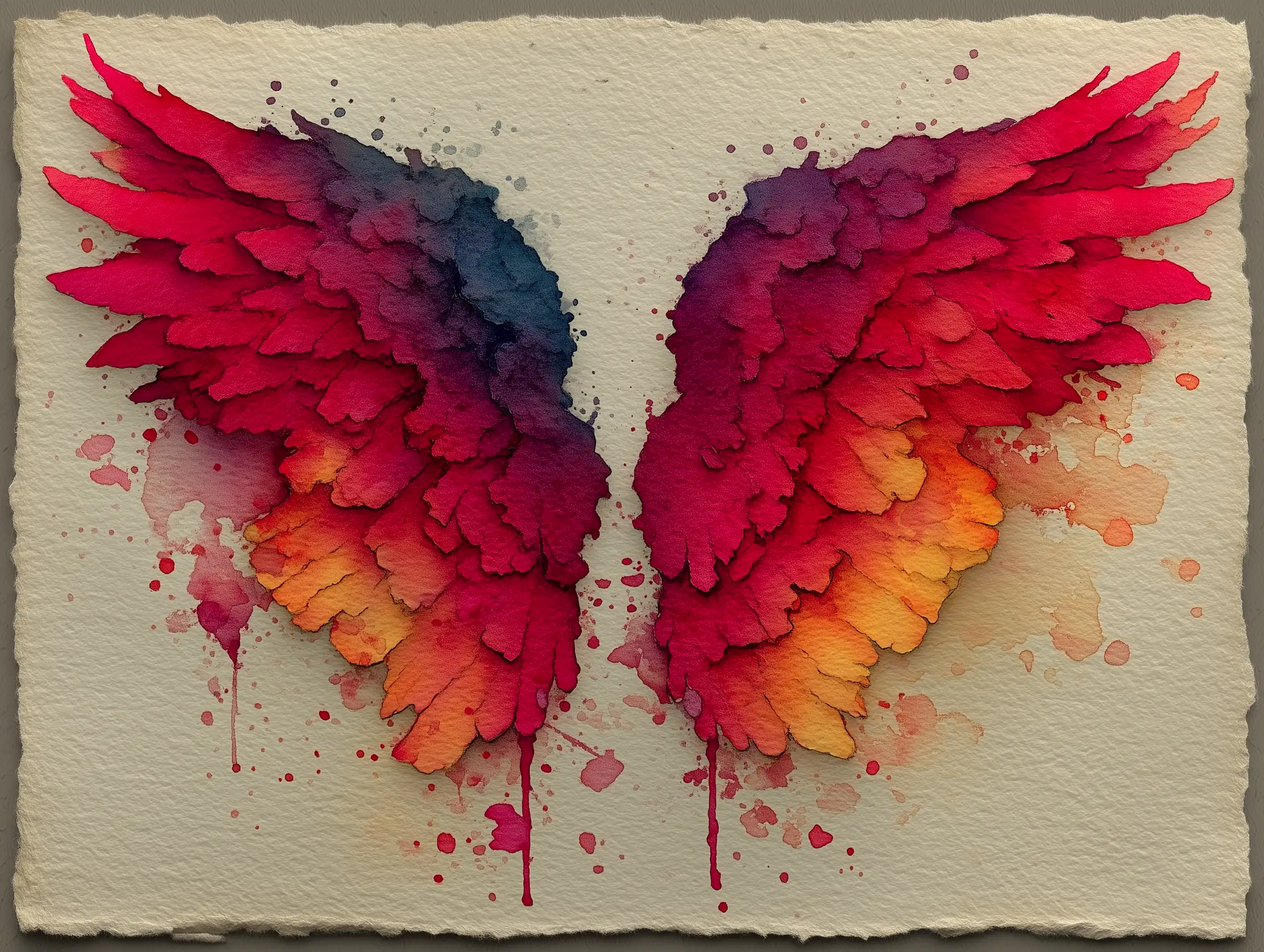 Watercolor-style illustration of abstract fire wings spreading across the page, warm reds and oranges, soft bleeding edges, artistic flow, dreamy fantasy feel