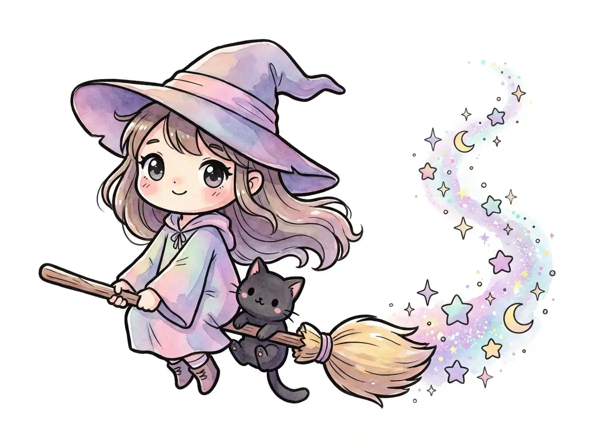 Cute chibi-style little witch, riding a broomstick with a black kitten, soft pastel colors, sparkling magical trail, white background, perfect for stickers and children’s book illustrations.