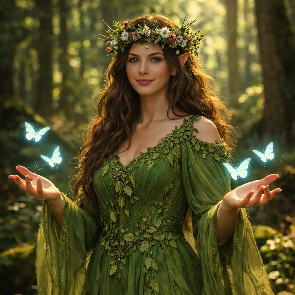 A benevolent forest enchantress, flowing moss-green gown embroidered with leaves, a woven crown of wildflowers and small twigs, gentle bioluminescent butterflies hovering around her hands, sun-dappled ancient forest background, warm ethereal lighting, photorealistic. [Image]