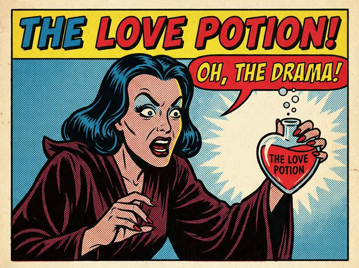 Retro 1950s comic book style witch, "The Love Potion," pop art aesthetic, vibrant halftone dots, dramatic facial expression, vintage aesthetic.