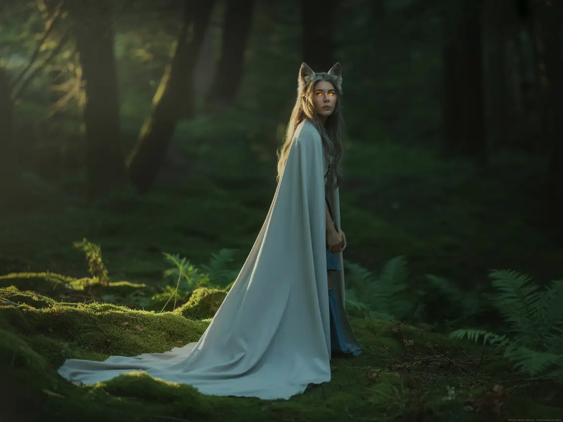 Mystical wolf girl in flowing white cloak, glowing subtle eyes, standing on mossy ground, ambient lighting for magical realism.