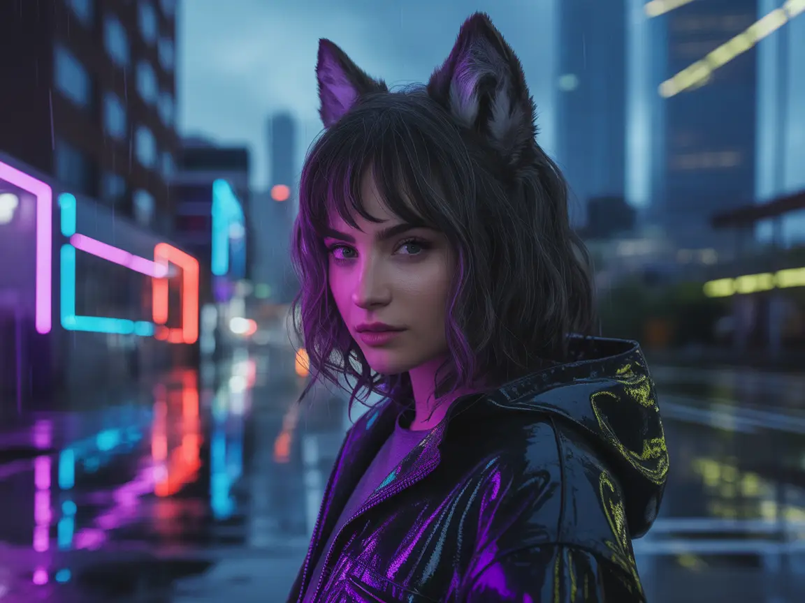 Urban wolf girl with dark hair and subtle wolf ears, neon reflections on wet surfaces.