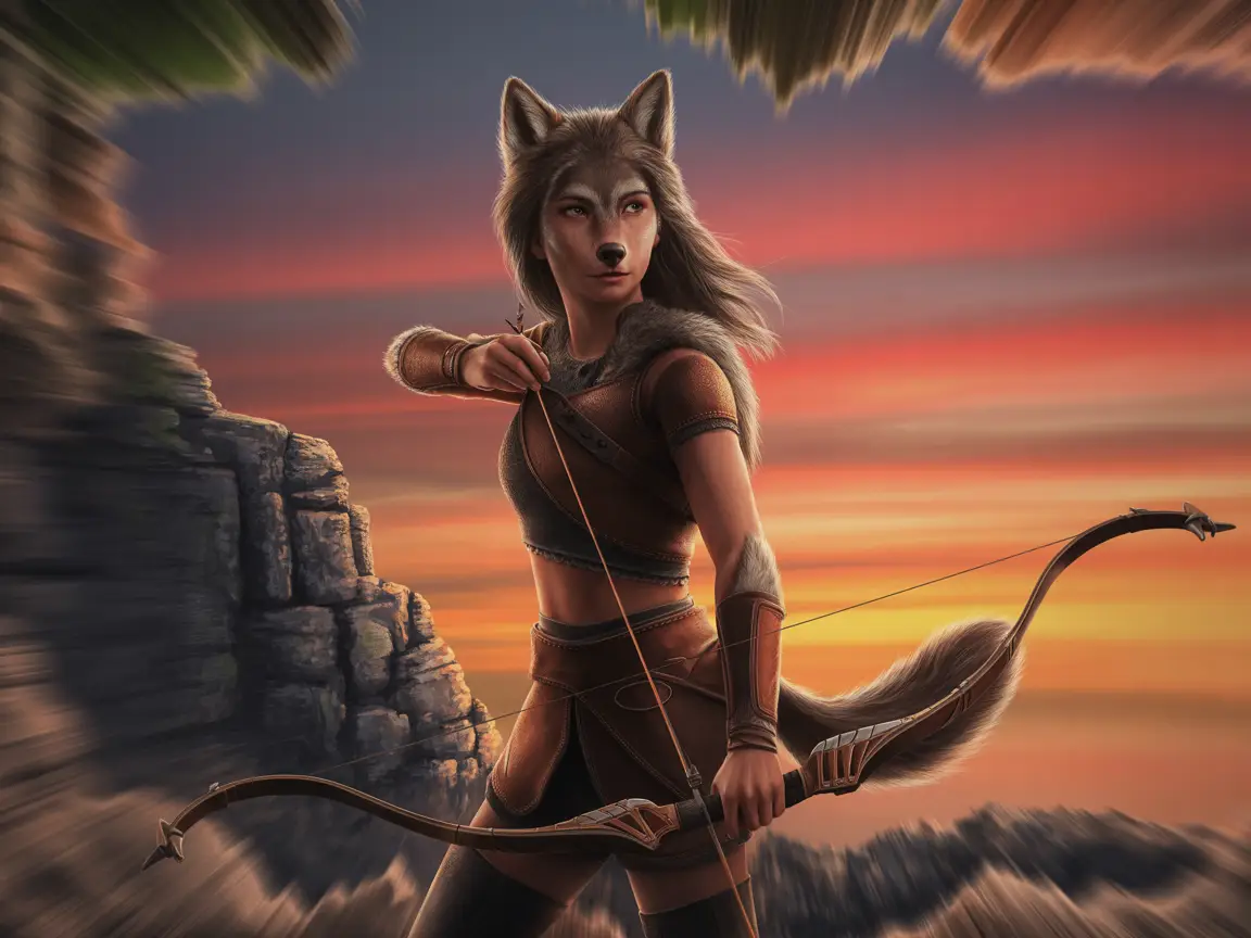 A wolf girl with realistic fur textures on her ears and tail, wearing detailed leather armor and holding a bow.