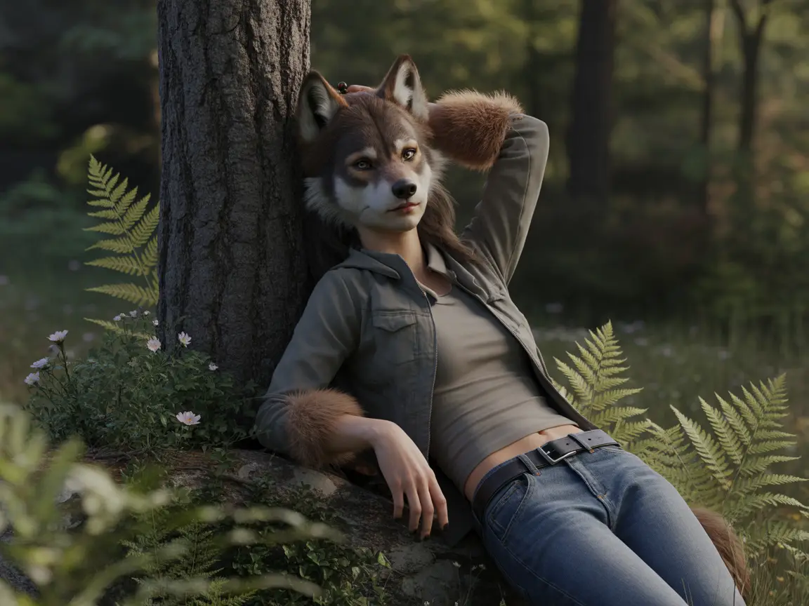 A wolf girl with human body features, sporting casual modern clothes like a fitted jacket and jeans, leaning against a tree.