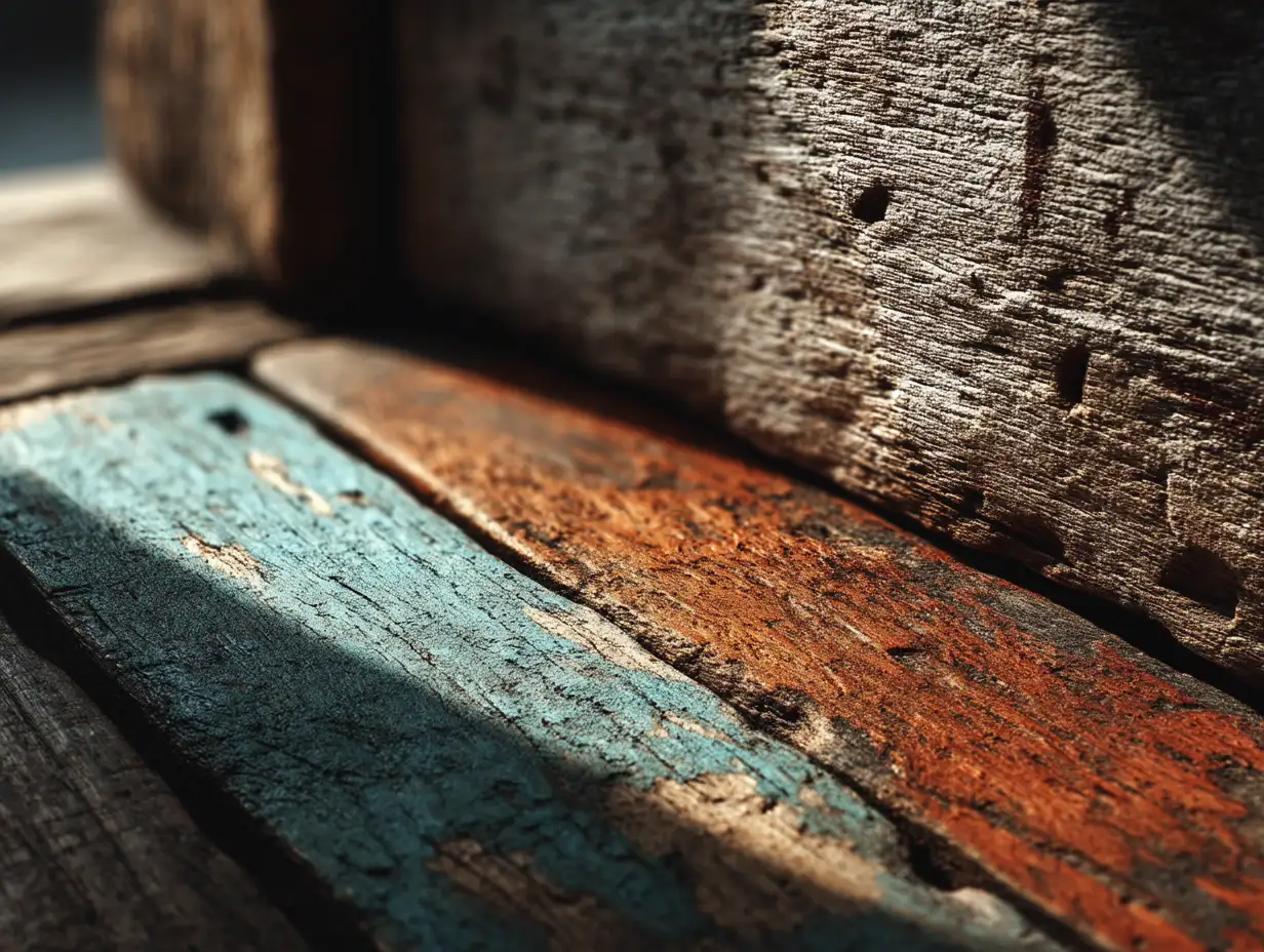 Old barnwood planks with faded tones, distressed marks, rustic vintage charm, soft warm illumination, cinematic wide composition
