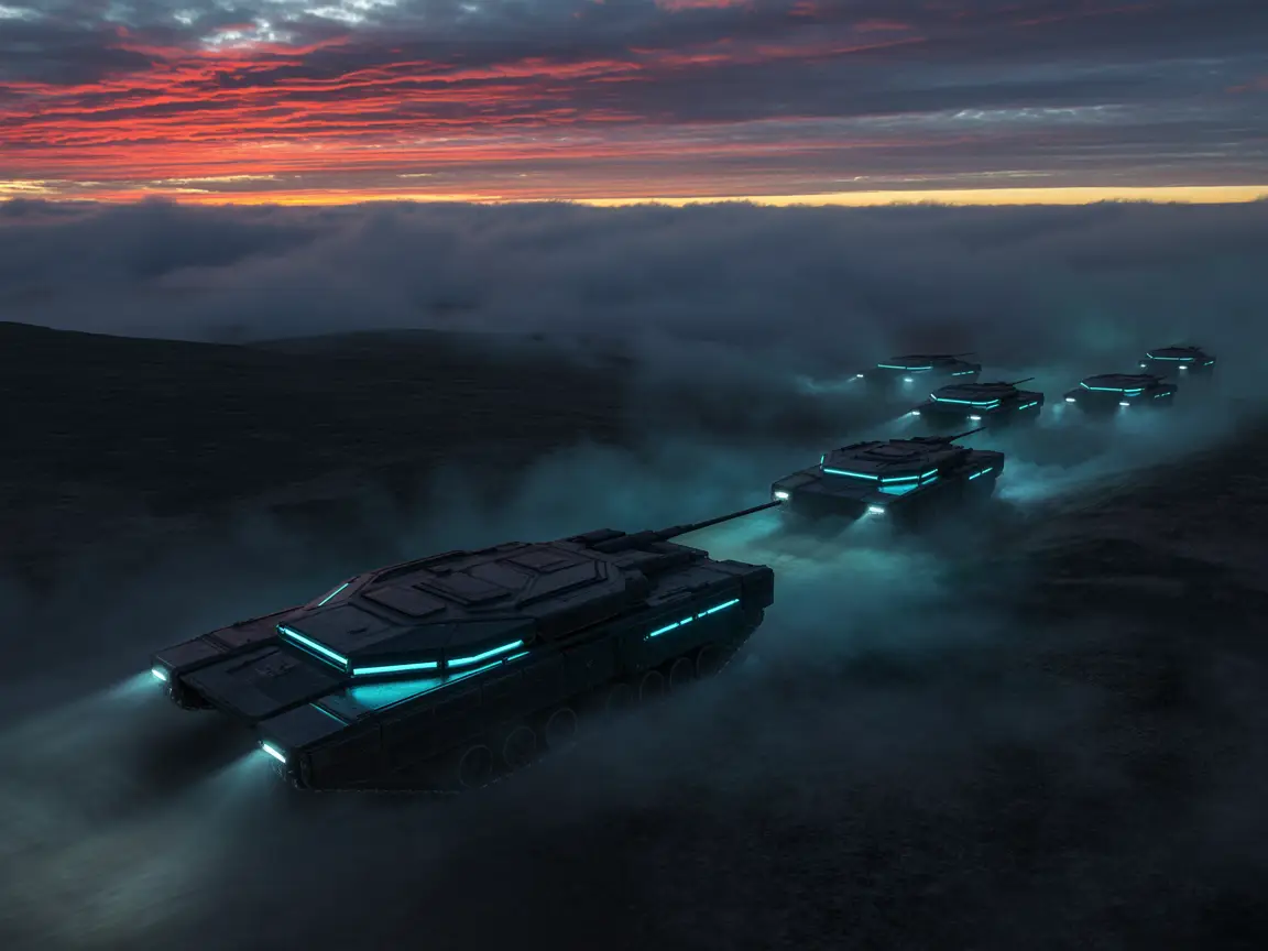 Aerial view of futuristic tanks moving across fog-covered terrain, sunrise casting dramatic light.