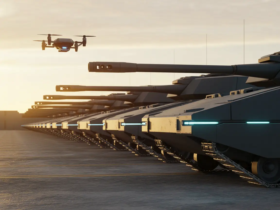 Rows of futuristic tanks and drones lined up for inspection at sunrise, cinematic light.