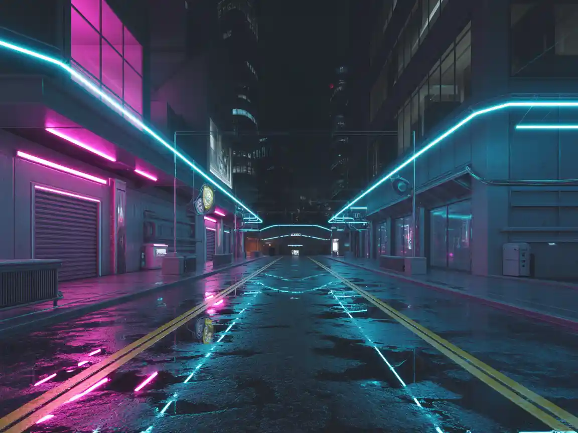 A panoramic, ultra-wide shot of a futuristic neon city street at night, glowing blue and magenta holograms, wet asphalt reflecting neon lights, high tech gaming aesthetic, 8k resolution.