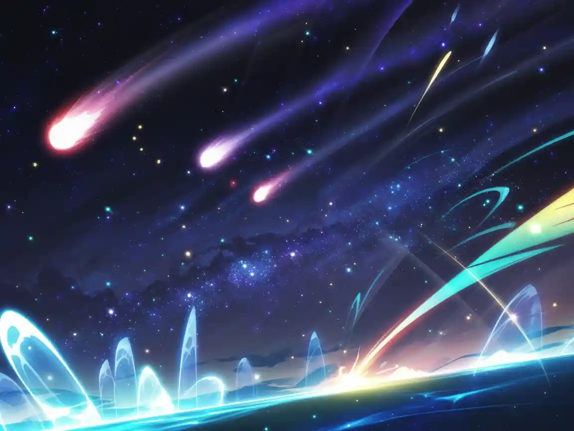 A dynamic, action-packed anime style background featuring a starry galaxy, magical glowing energy particles, and a meteor shower, vibrant colors, 4k.