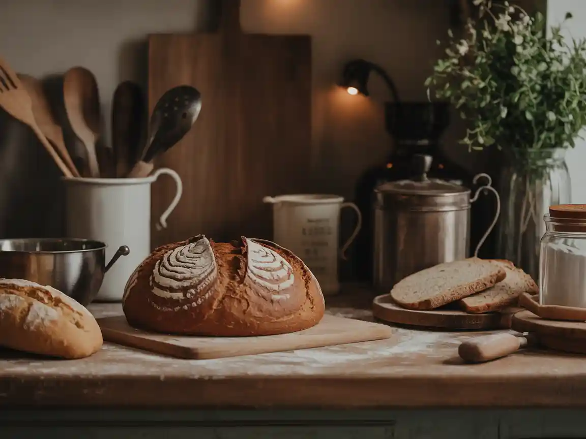 A rustic, farmhouse-style kitchen counter with freshly baked bread, flour dusting, and vintage baking tools, warm lighting, perfect for a cooking channel banner.