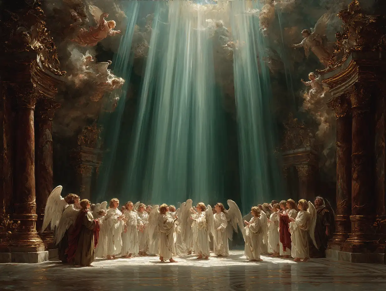 Angel choir surrounded by celestial light beams, dreamy pastel color palette, divine atmosphere [图片]