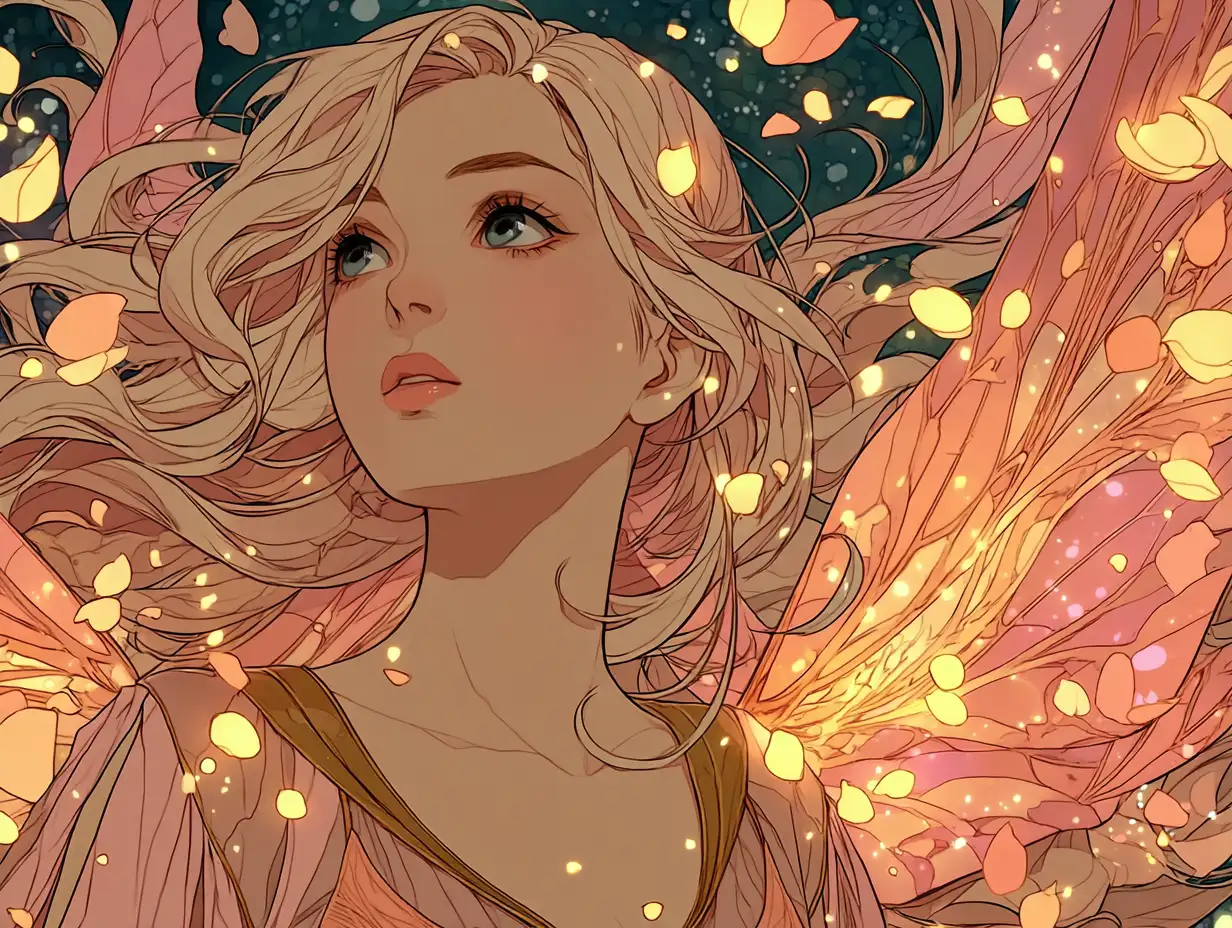 Angel surrounded by glowing orbs of light and floating petals, ethereal mood, fantasy illustration style, pastel color palette