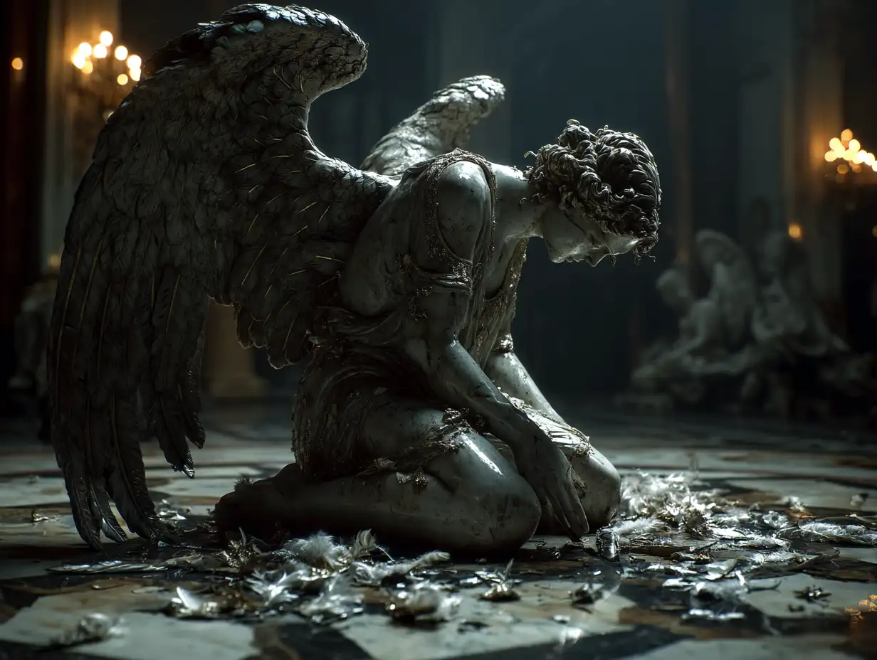 Dark-winged fallen angel kneeling on cracked marble ground, silver feathers scattered, storm clouds illuminated by faint moonlight