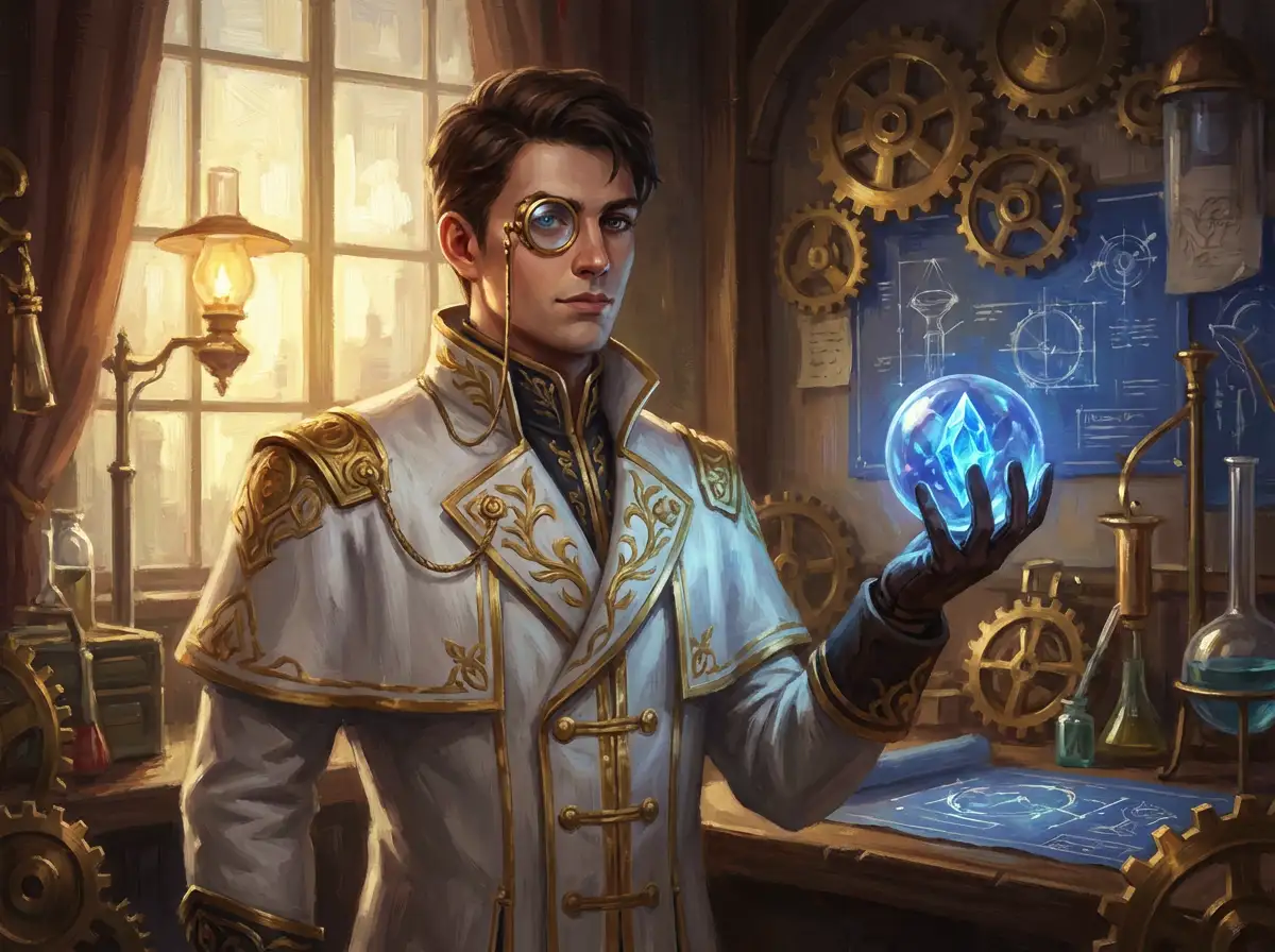 A sophisticated young man in a white and gold academy uniform, glowing blue hextech crystal in hand, intricate brass monocle, soft cinematic lighting, oil painting brushstrokes.