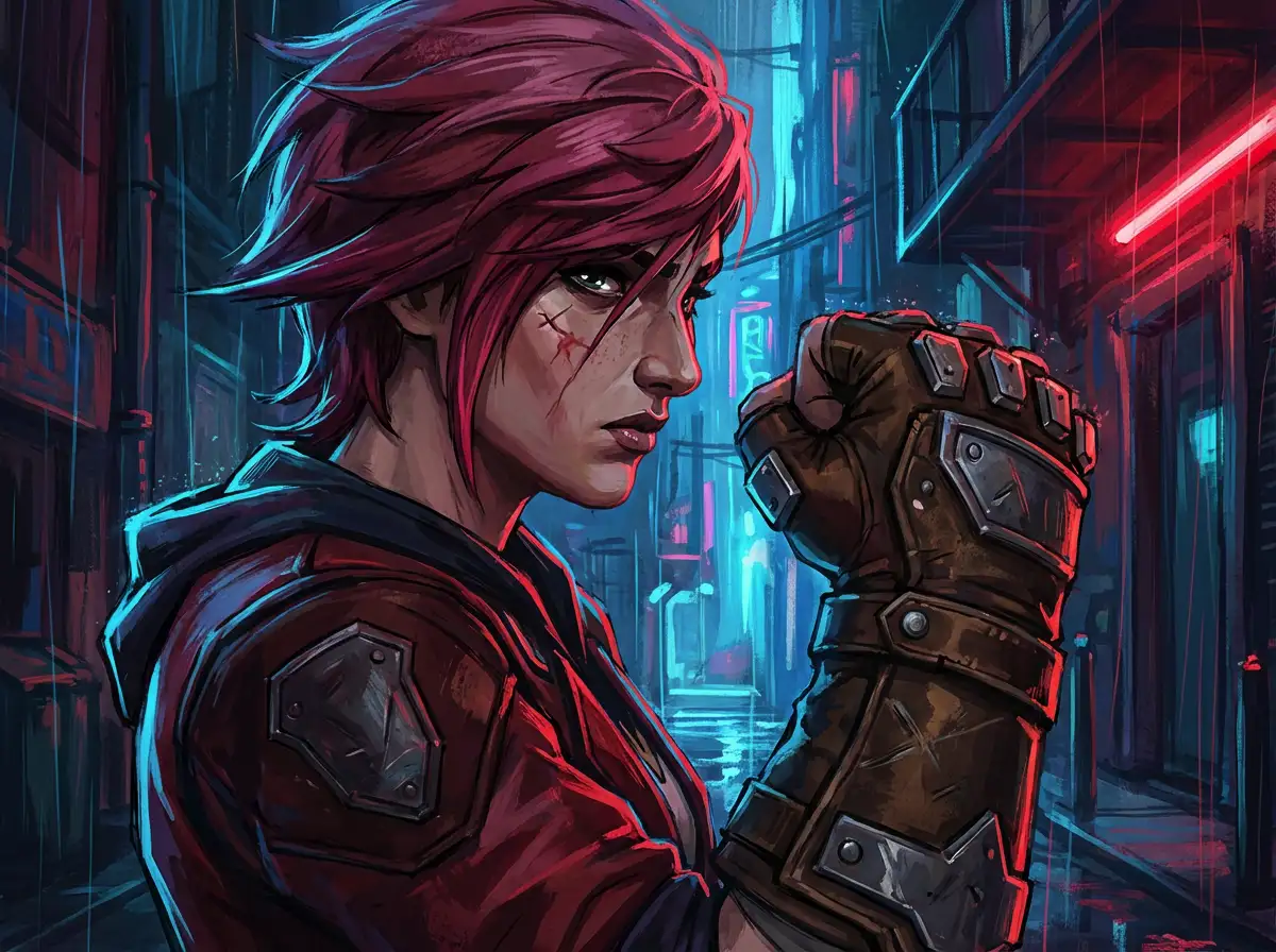 A fierce young woman with undercut pink hair, wearing heavy leather gauntlets, scarred face, gritty hand-painted texture, dramatic blue and red neon rim lighting, Arcane style.