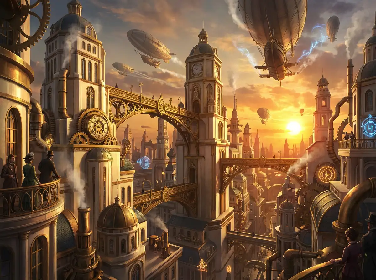 A panoramic view of a majestic steampunk city with towering ivory buildings and golden bridges, flying airships, warm sunset glow, Arcane cinematic style.