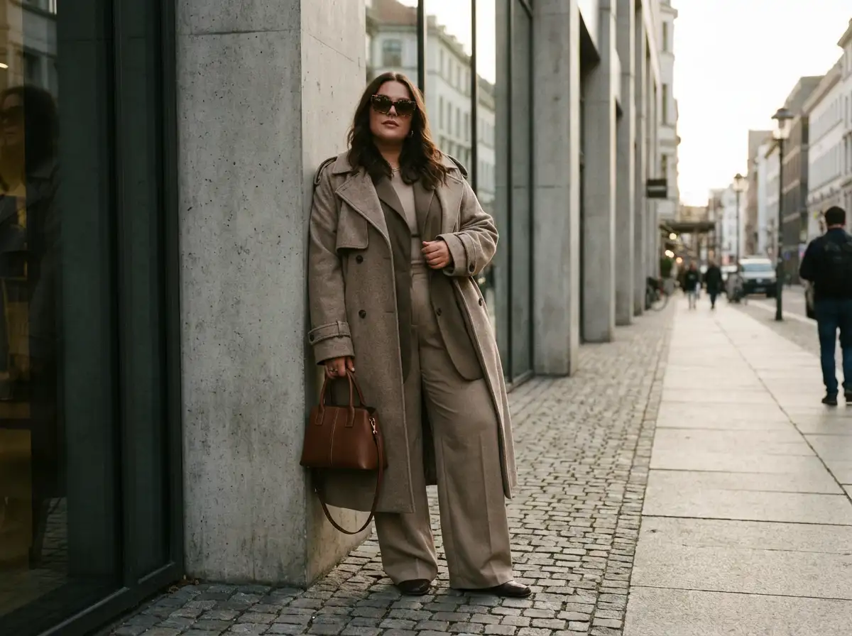 Stylish plus-size woman posing in a modern urban fashion shoot, soft shadows, high fashion editorial lighting, realistic textures
