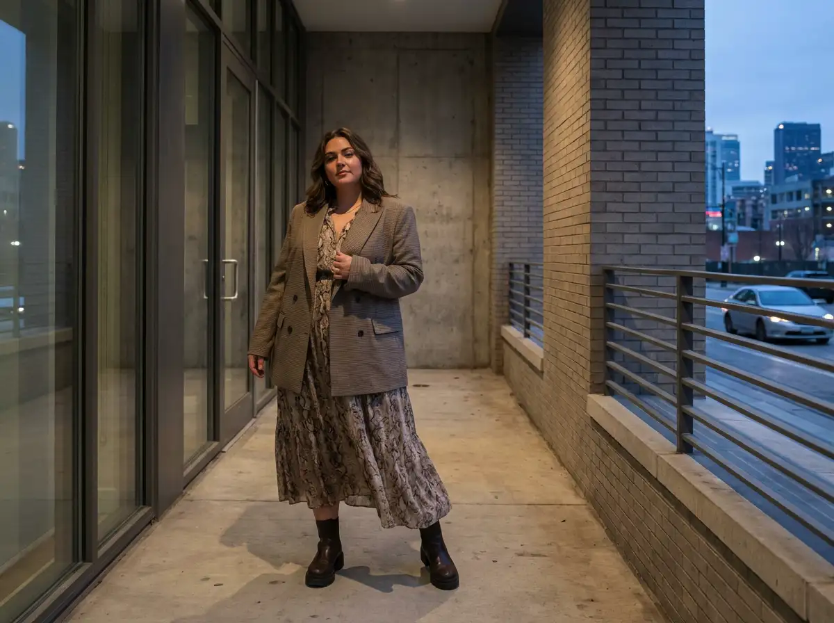 Stylish plus-size woman posing in a modern urban fashion shoot, soft shadows, high fashion editorial lighting, realistic textures