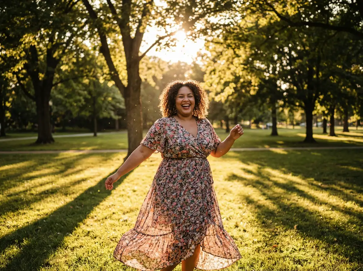 A joyful plus-size woman dancing in a sunlit park, cinematic lighting, soft shadows, realistic skin texture.