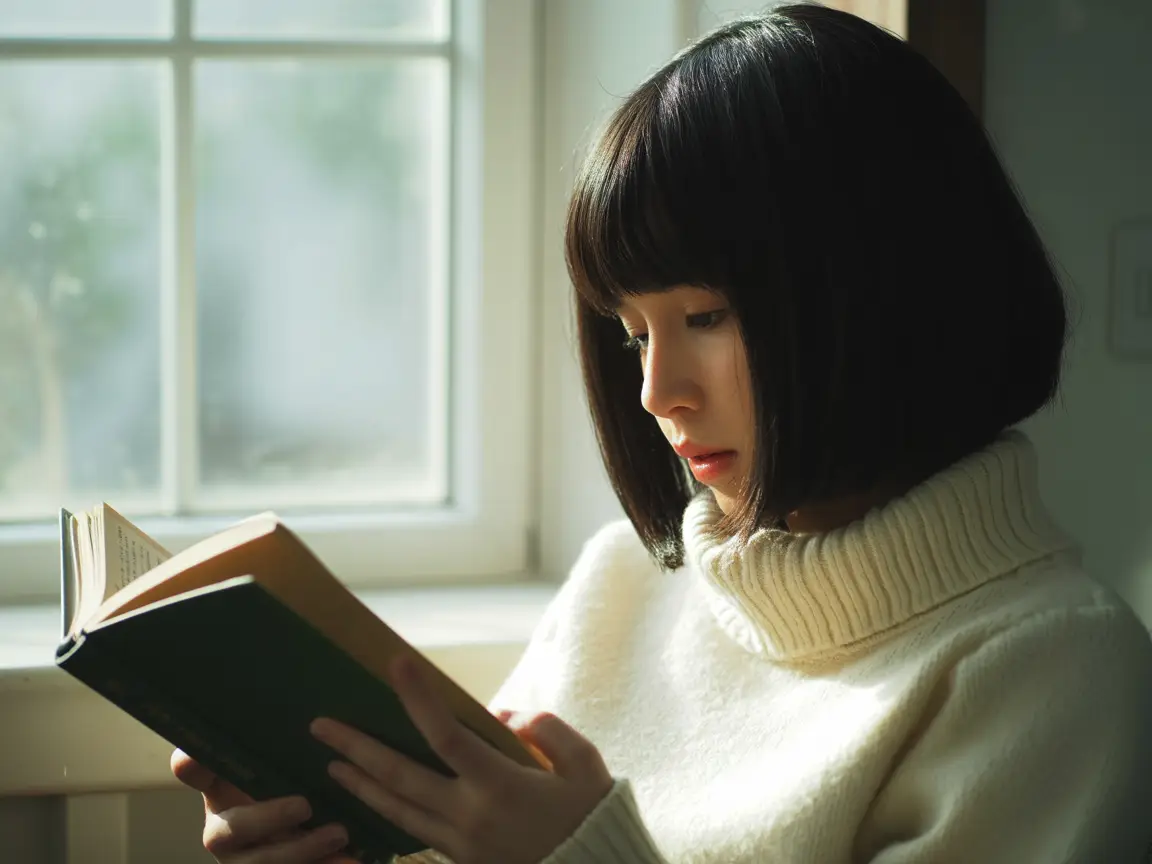 Beautiful Japanese girl with sleek black bob hair, wearing a white turtleneck sweater, sitting by a sunlit window, reading a book, realistic lighting.