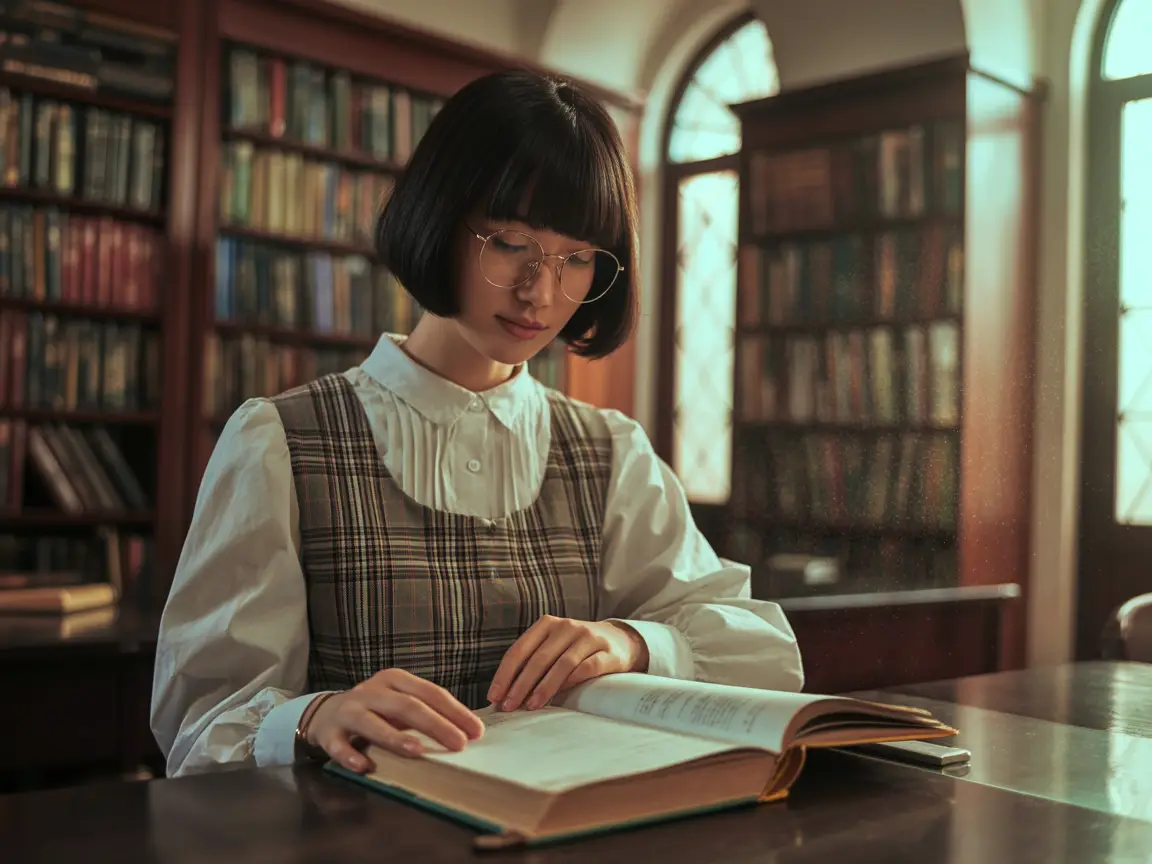 Japanese bob-haired girl with glasses, plaid dress over long sleeve blouse, studying in a library, realistic soft shadows.