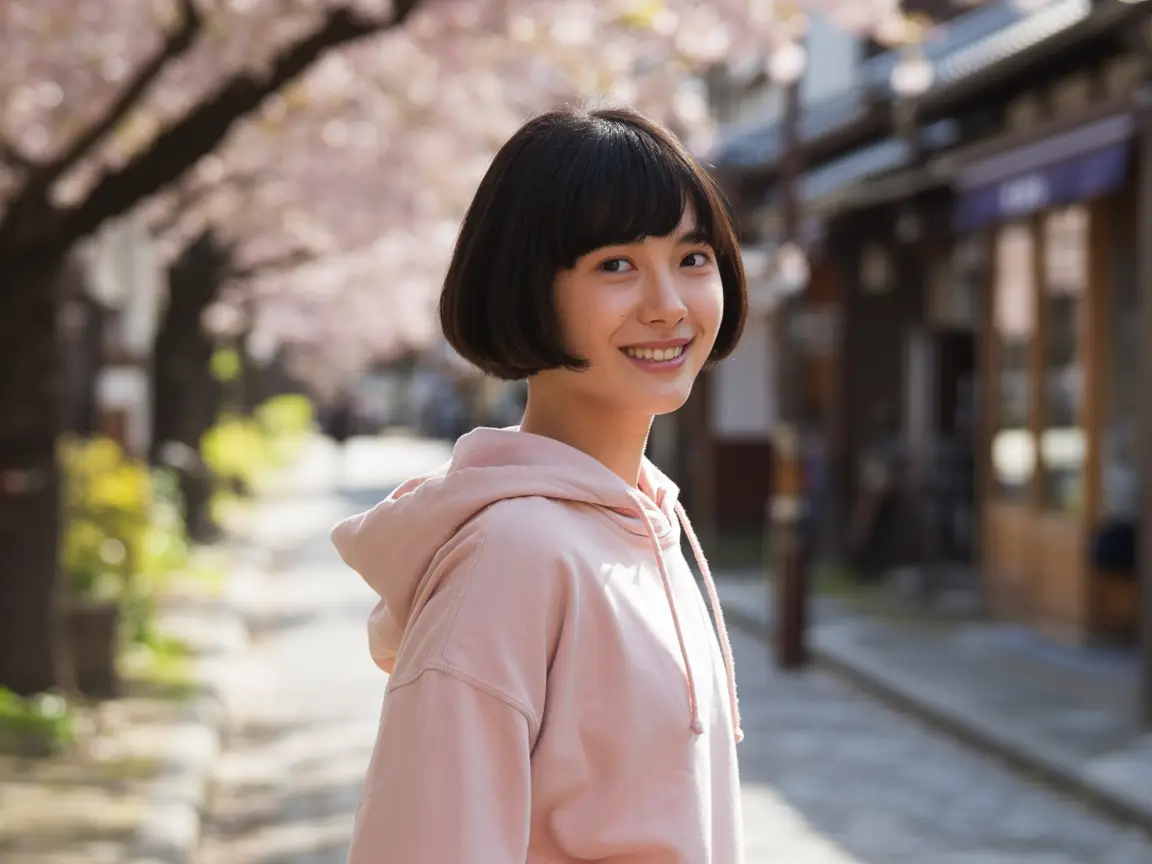 Cheerful Japanese girl with short black bob, wearing a pastel hoodie, walking in a sunlit street, cinematic realism.