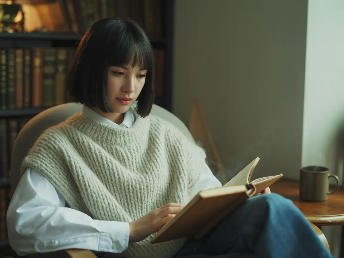 Young Japanese woman with black bob, white shirt under knitted sweater, reading a notebook in a cozy room, photorealistic.