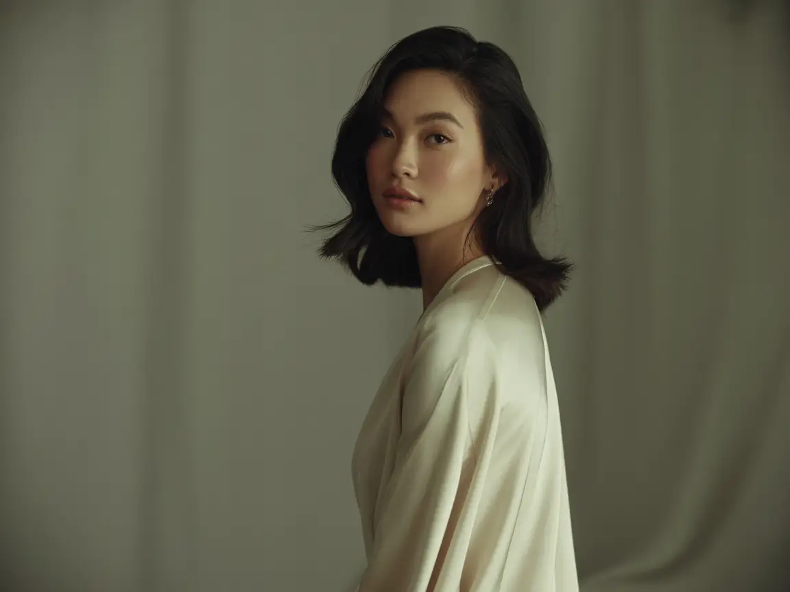 studio photo of a beautiful Asian woman with soft shadows and neutral tones, Vogue cover lighting, elegant posture