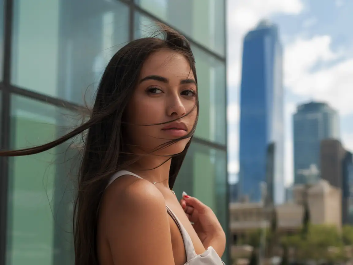 Elegant Mexican girl standing near a glass skyscraper, modern city skyline in the background, wind blowing her dark hair, confident expression, soft natural light, 85mm portrait photography, realistic skin tones.