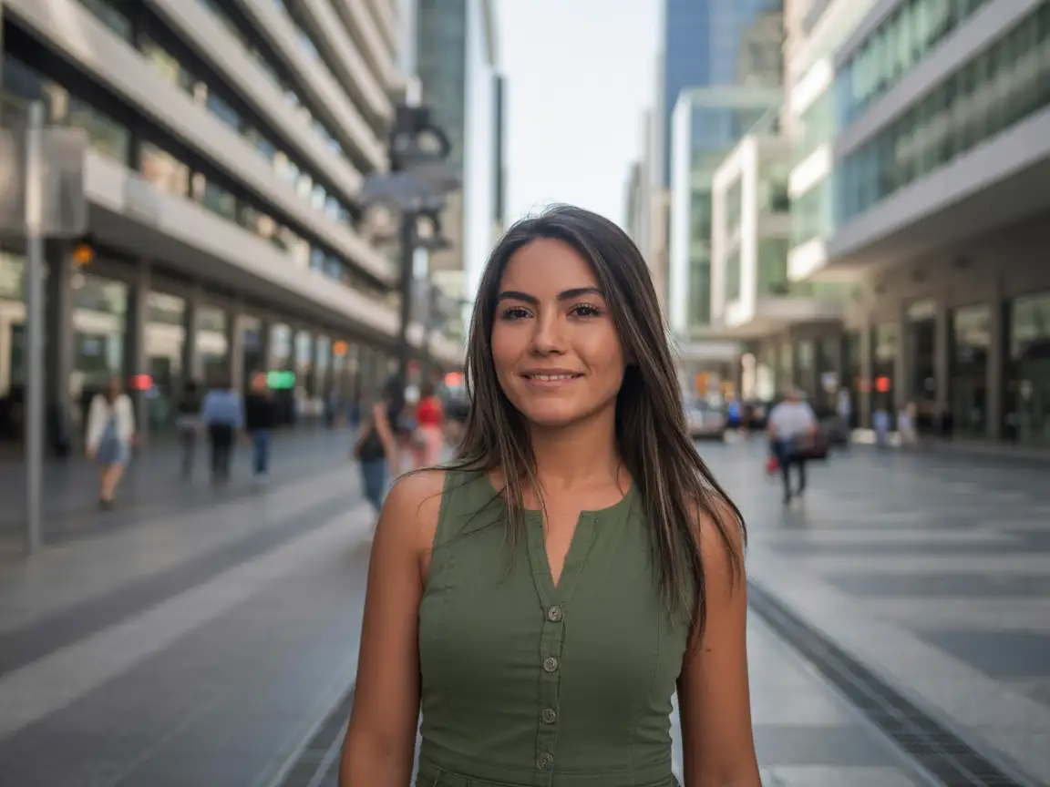 Gorgeous Mexican girl with confident smile walking down a modern pedestrian street, background filled with contemporary architecture, natural lighting, shallow depth of field, photorealistic clarity.