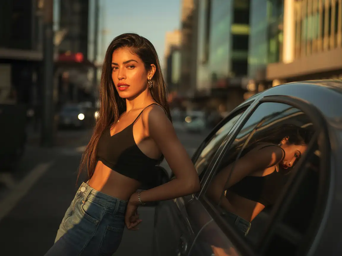 Stylish Mexican woman leaning against a parked car in a downtown avenue, sunset glow highlighting her face, modern urban energy, hyper-realistic lighting and shadow play, editorial photography style.