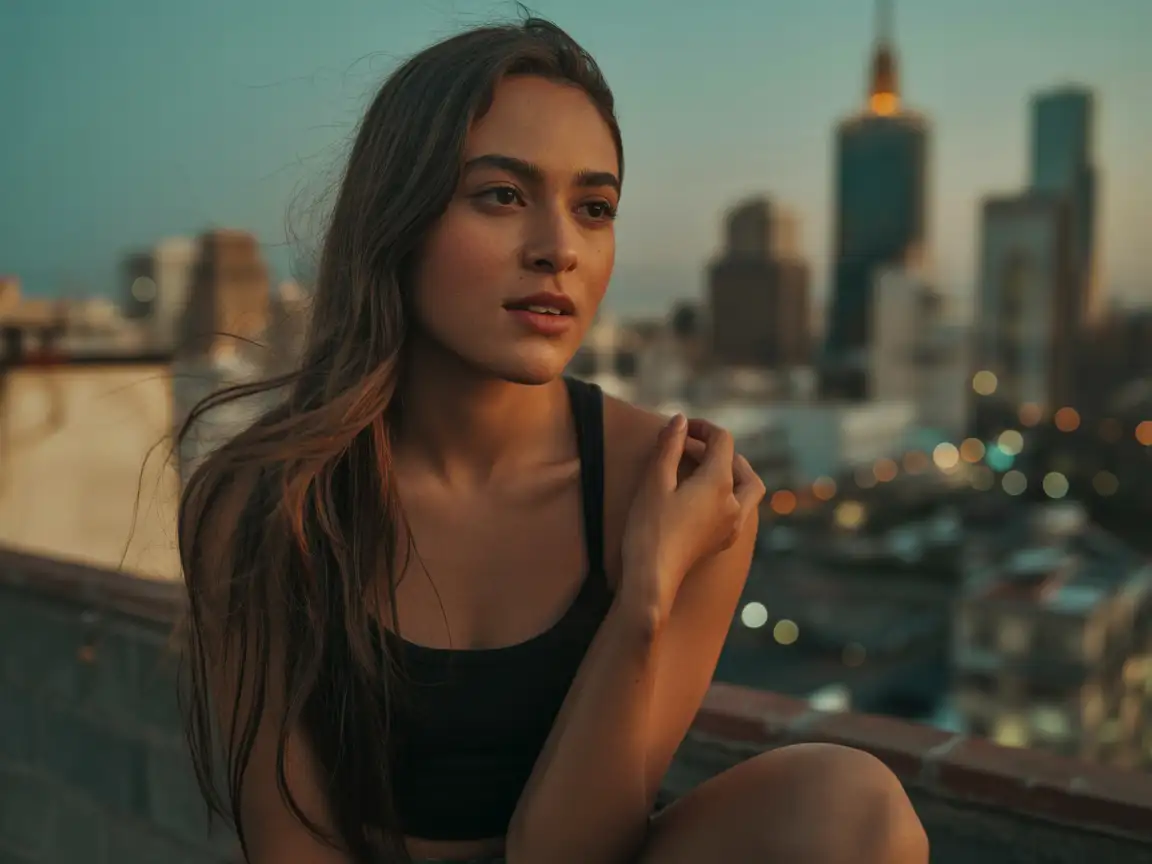 Beautiful Mexican girl sitting on a rooftop terrace overlooking the city skyline, warm evening tones, wind in her hair, confident gaze, realistic light and shadow play, editorial-style portrait.